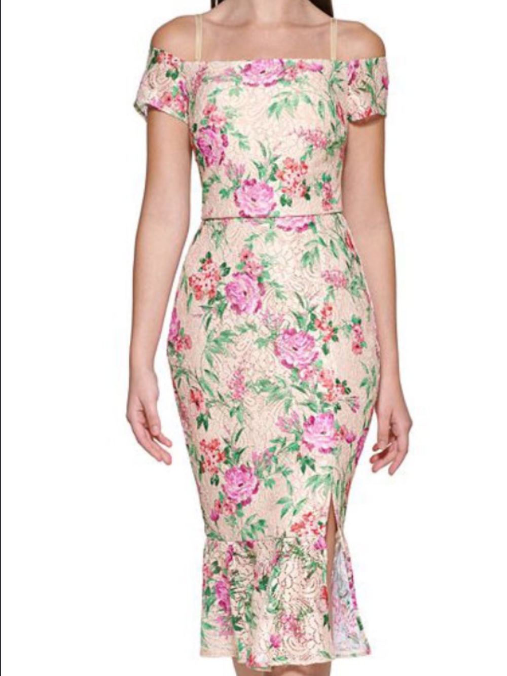 Guess Floral Lace Midi Dress With Removable Straps